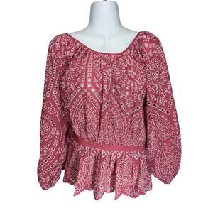 NEW Oversized XS Elie Tahari Peplum Blouse Mauve Eyelet Fabric $375 Blue Label